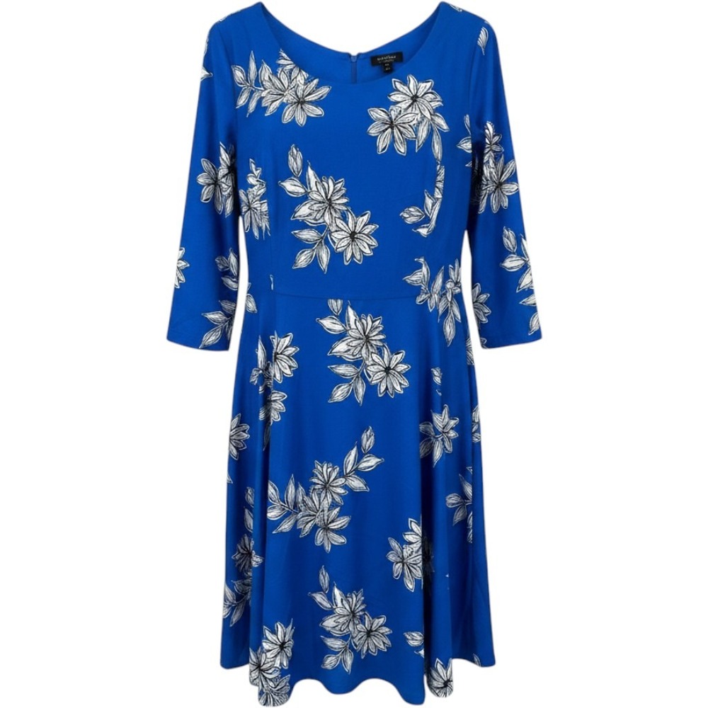 Maree Pour Toi Women 24 Blue Floral Fit Flare Dress 3/4 Sleeve Scoop Neck NWT